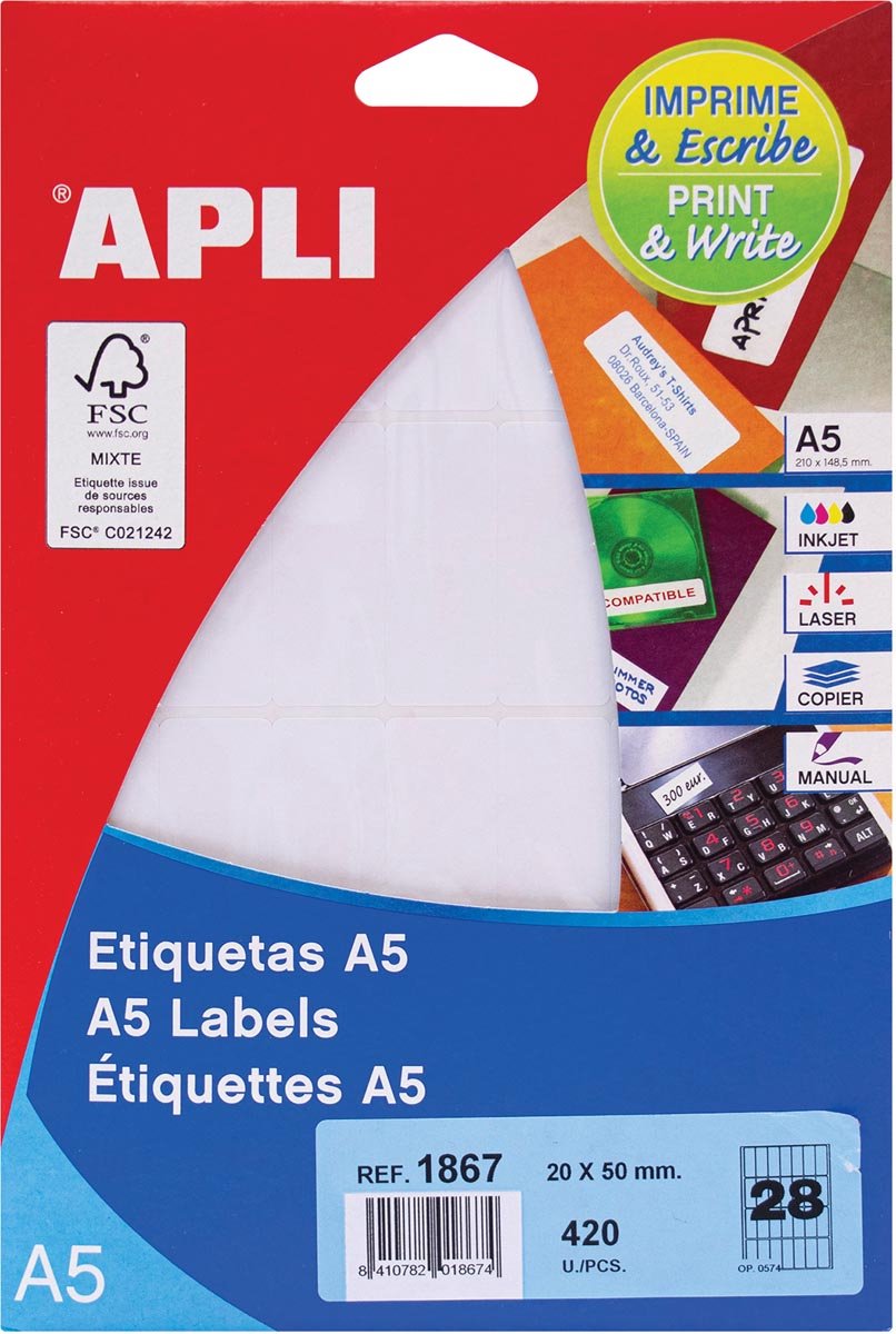 Apli witte etiketten print write ft 20 x 50 mm (b x h), 420 stuks, 28 per blad (1867)