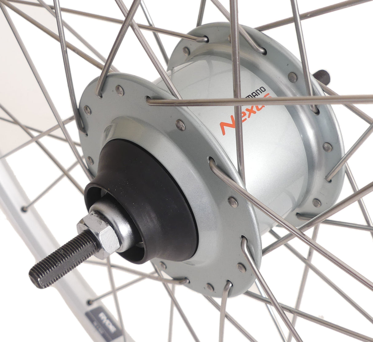 Achterwiel 28 nexus 8 rollerbrake naaf met met zilveren velg en rvs spaken