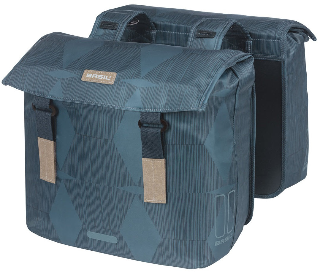 Basil Elegance dubbele fietstas, blauw, gerecycled PET, gevoerd, waterkerende sluiting, Universal Bridge, 40-49L