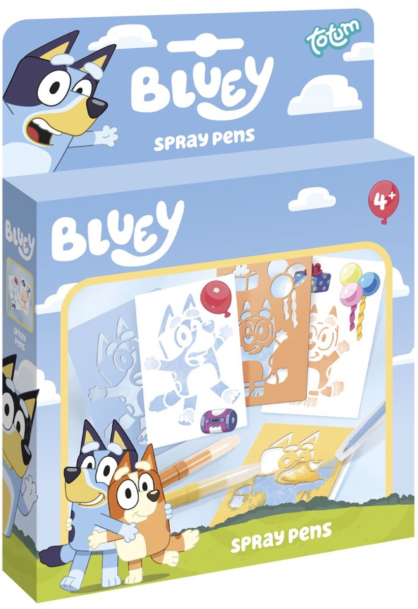 Totum bluey spraypen knutselset - 3 blaaspennen- 3 sjablonen en stickers - speelgoed knutselen vanaf4 jaar jongens meisjes junior