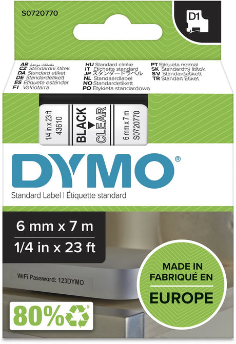 Dymo originele d1 labels | zwarte tekst op doorzichtig label | 6 mm x 7 m | zelfklevende etiketten voor de labelmanager labelprinter | gemaakt in europa