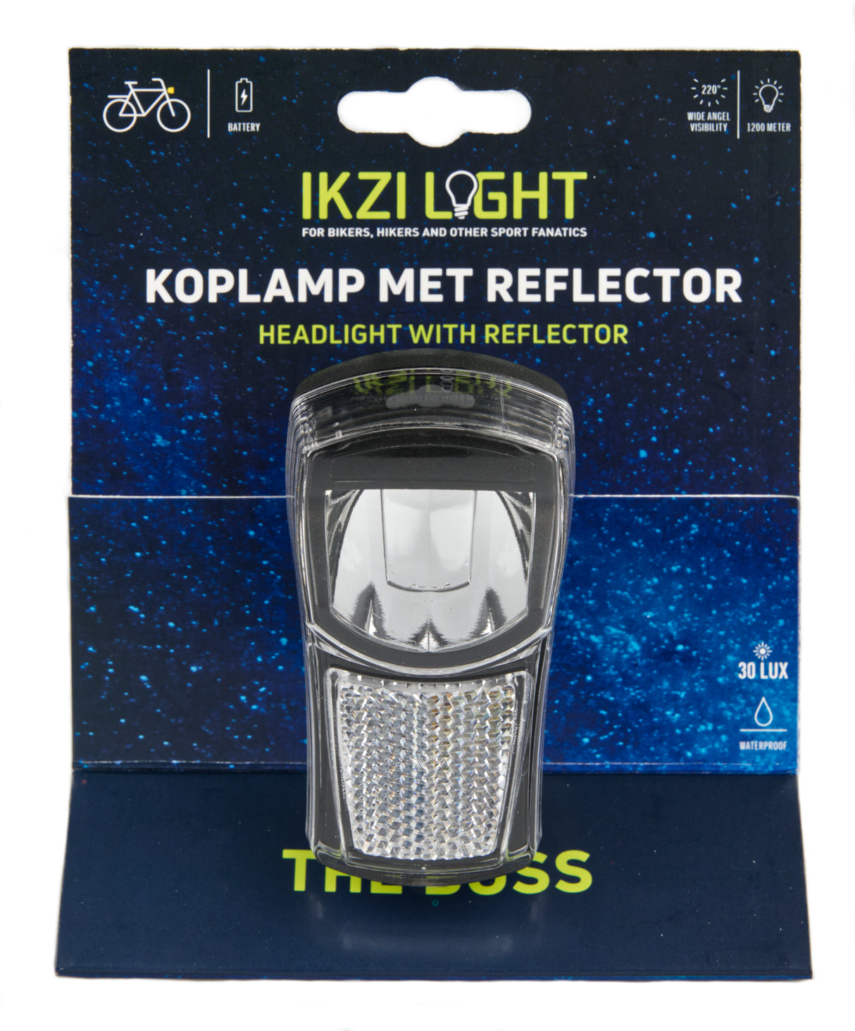 Ikzilight koplamp The Boss, 1 witte led 20LUX. incl bracket en batterijen (hangverpakking)