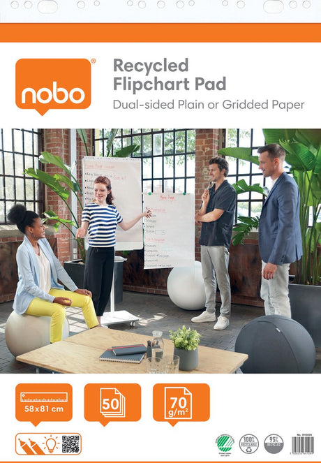 Nobo gerecycled flipover papier op rol - 50 vellen dubbelzijdig blanco of geruit papier- 58x81cm - 70 grams