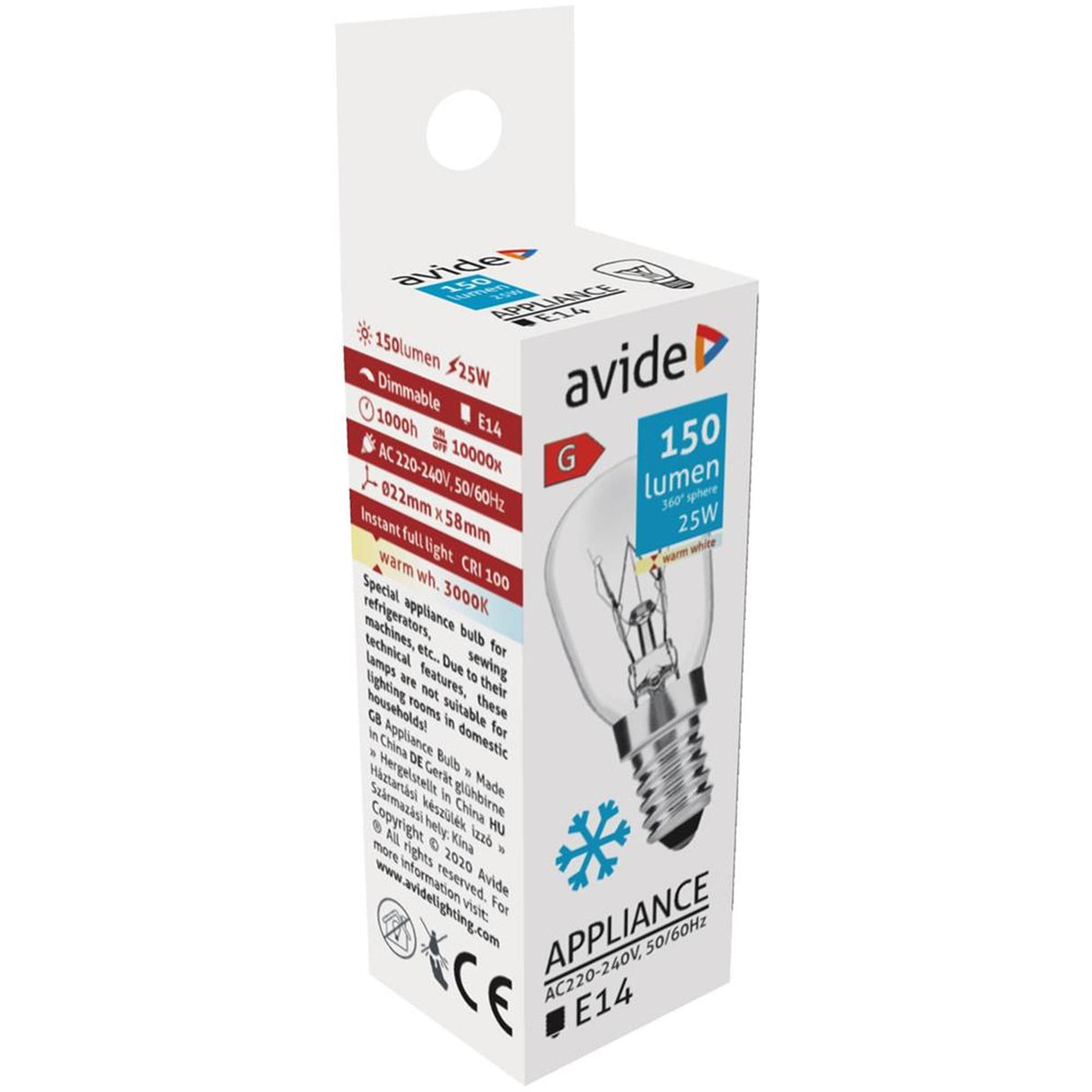 Avide koelkast- of vriezer gloeilamp 25w e14 fitting 3000 kelvin warmwit 130 lumen