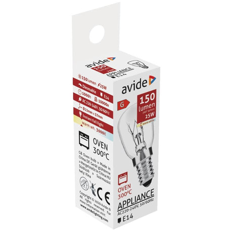Avide oven gloeilamp tot 300â°c 25w, e14 fitting, 3000 kelvin warmwit 150 lumen
