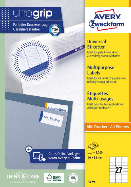 Avery universele etiketten, wit, 70,0 x 32,0 mm, permanent klevend