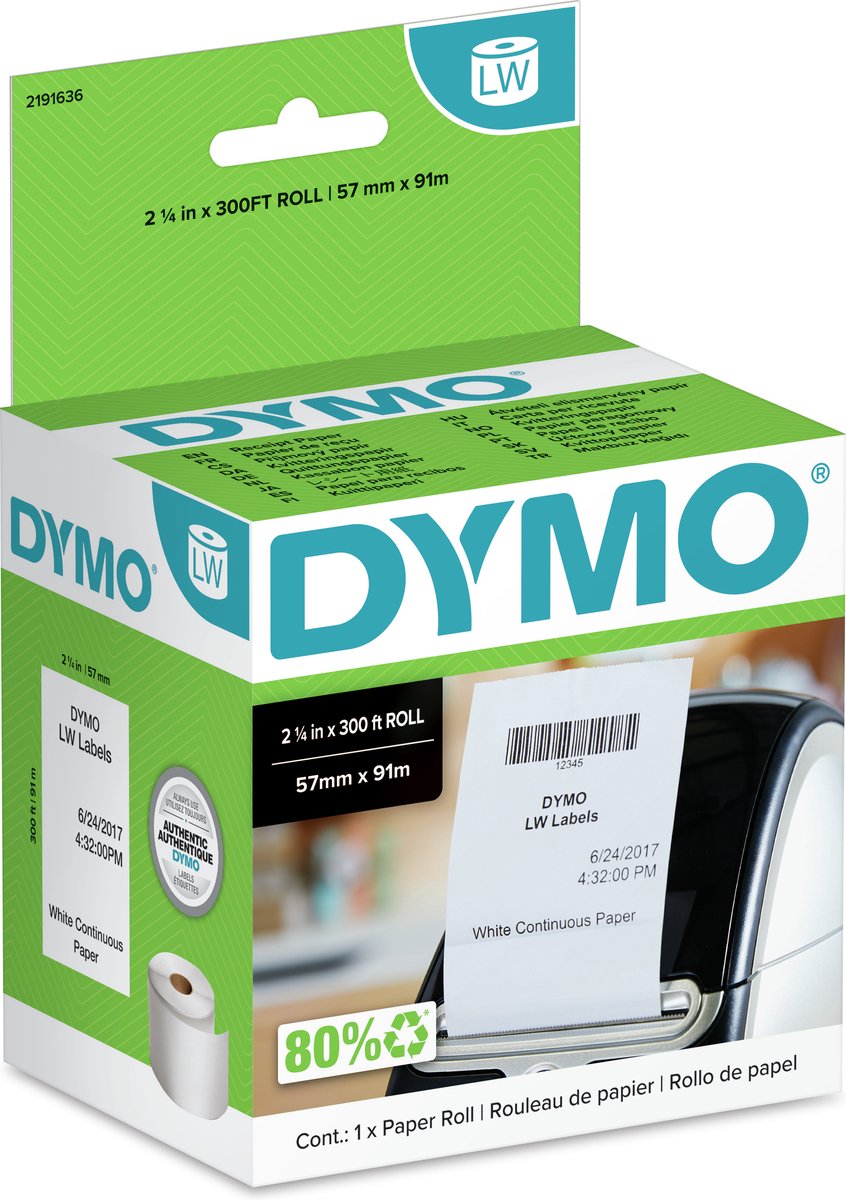 Dymo originele doorlopende papierrollen labelwriter | 57 mm x 91 m | zelfklevende etiketten voor de labelwriter labelprinters
