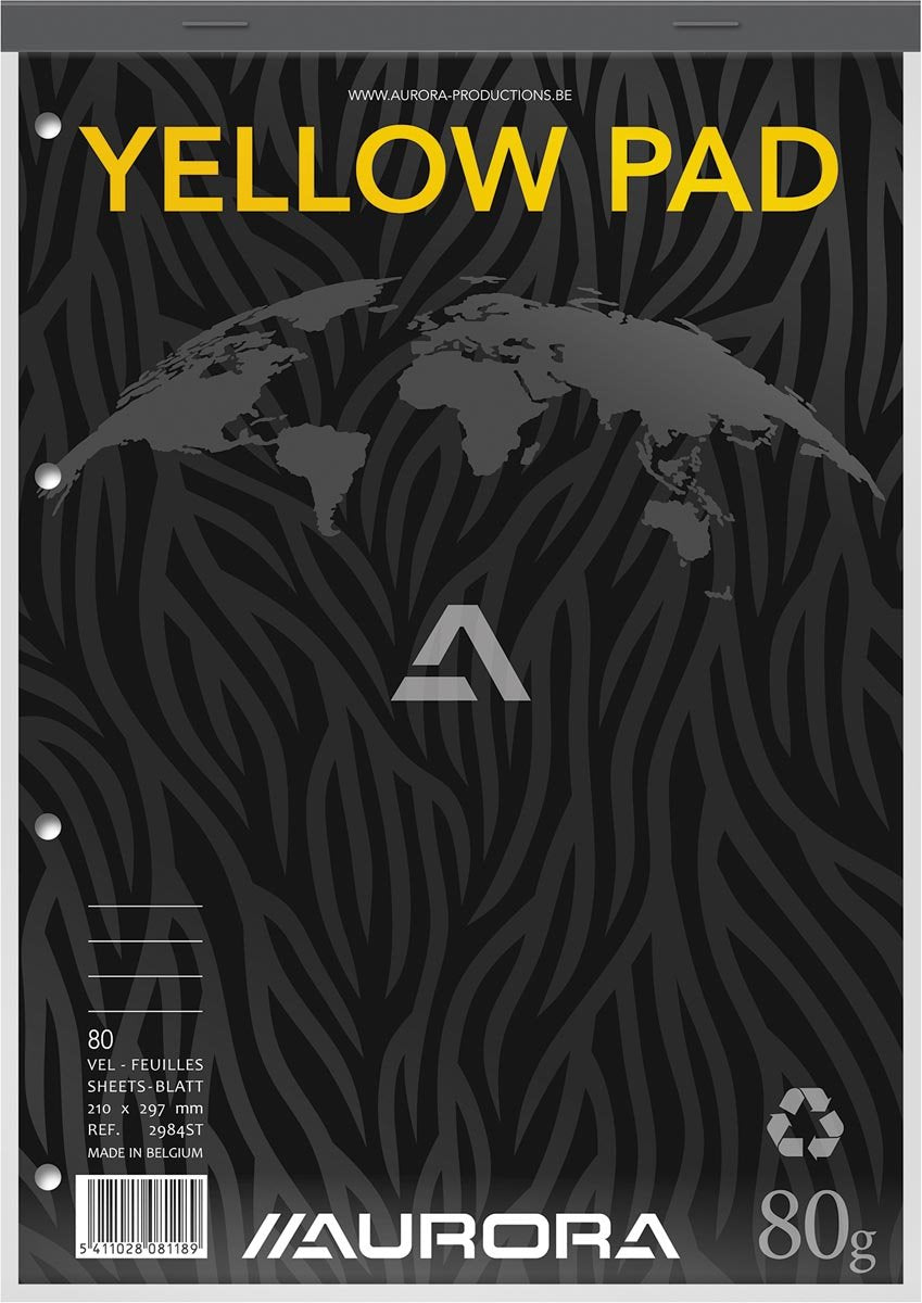 Aurora schrijfblok - yellow pad - recycled - a4 - geel - 80g - gelinieerd - 80 vel