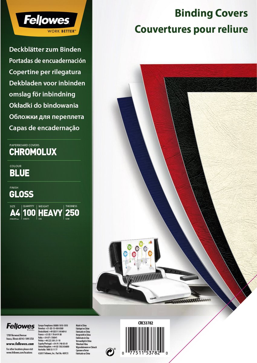 Fellowes schutbladen chromolux glanzend, blauw a4 100 stuks