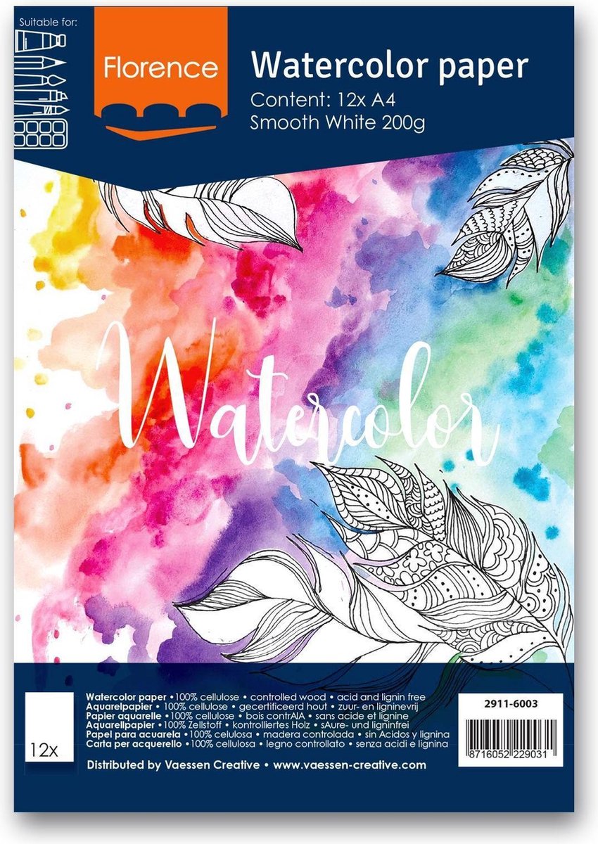 Florence vaessen aquarelpapier - intense white - a4 - 200 grams - gladde structuur - smooth - florence - 12 vellen