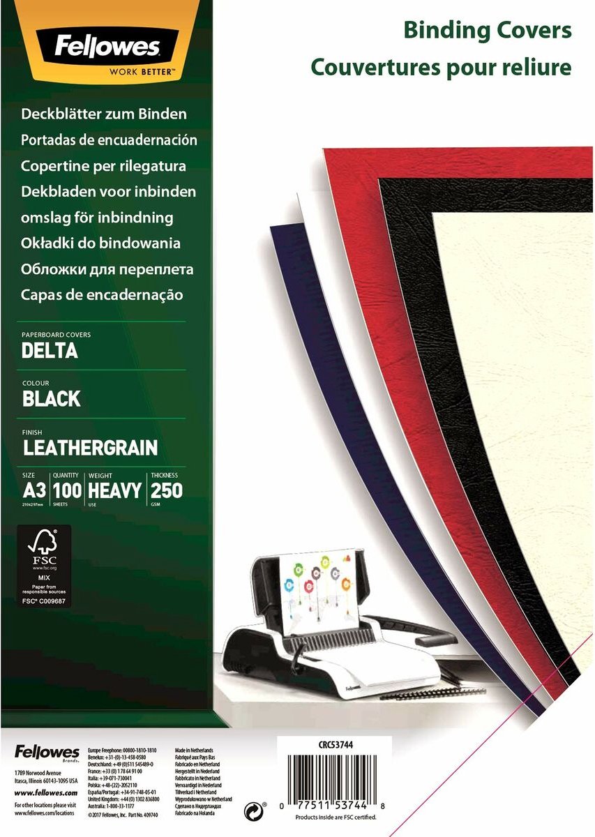 3304 fellowes dekbladen leatherlook fsc® - zwart - a3 - 250g 100p