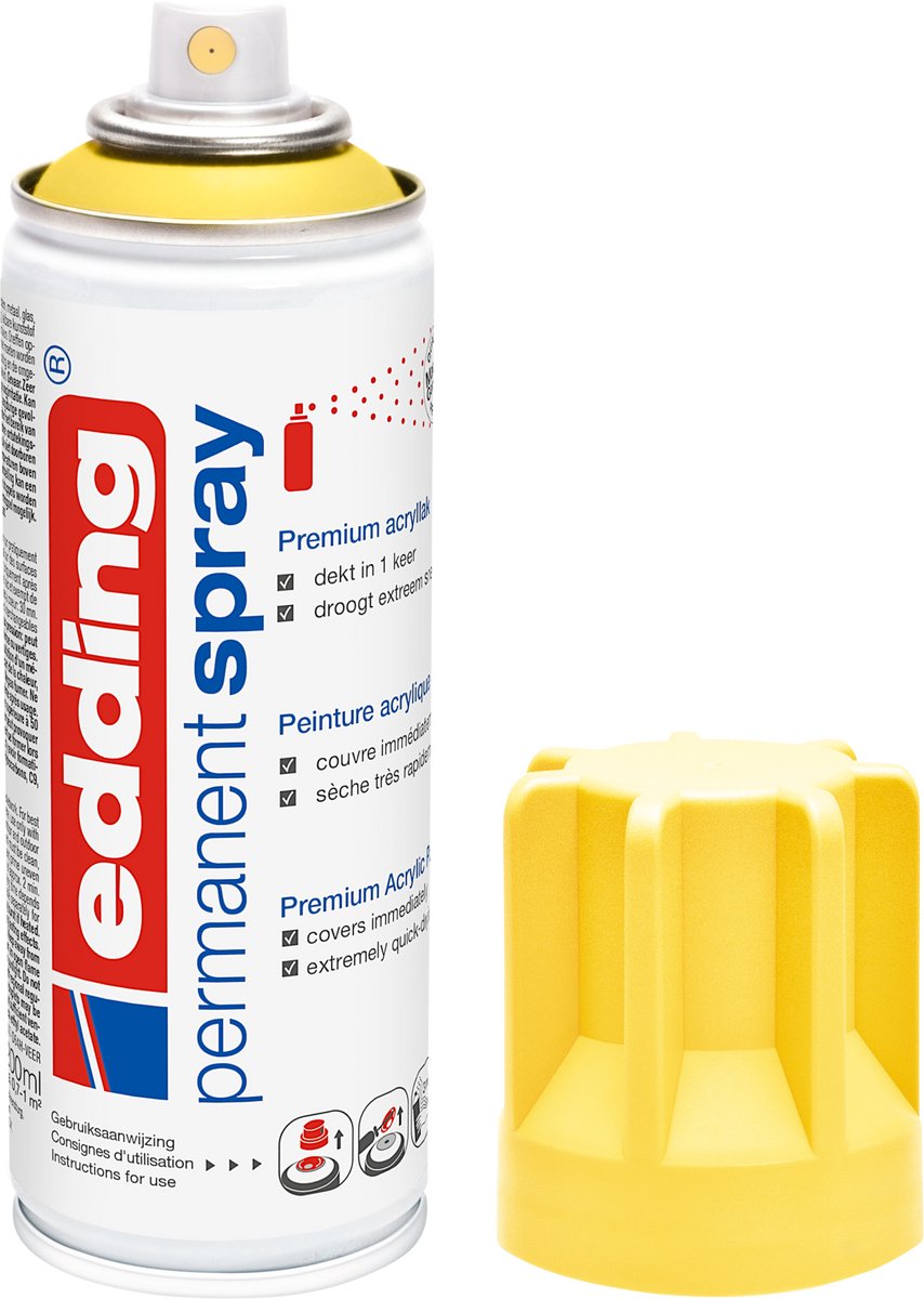 Edding 5200 spuitverf in spuitbus - verkeersgeel mat - 1 stuk - 200 ml verf - direct dekkend – 0,7-1 m2 oppervlak - acrylverf voor het lakken en versieren van glas, metaal, hout, keramiek, kunststof, canvas - permanent spray, verfspray