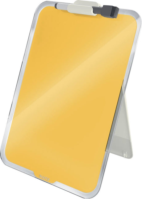 Leitz cosy beschrijfbare glassboard voor bureau - clipboard a4 formaat - glazen memobord inclusief inclusief pennenhouder en minimarker met wisser - warm geel