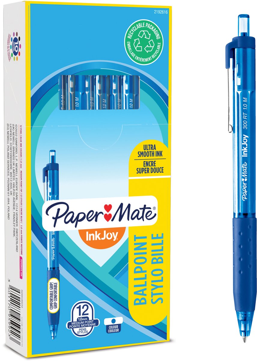 Paper mate inkjoy 300rt-balpennen met drukknop | medium punt (1,0 mm) | blauw | 12 stuks