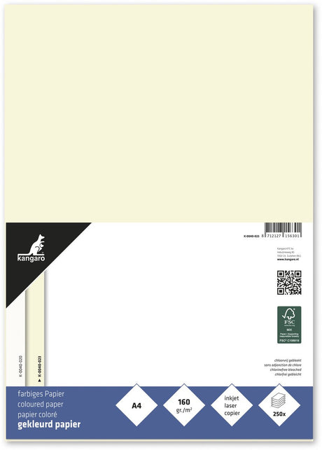 Merkloos sans marque kangaro gekleurd papier - formaat a4 - 160 grams - ivoorwit - pak 250 vel
