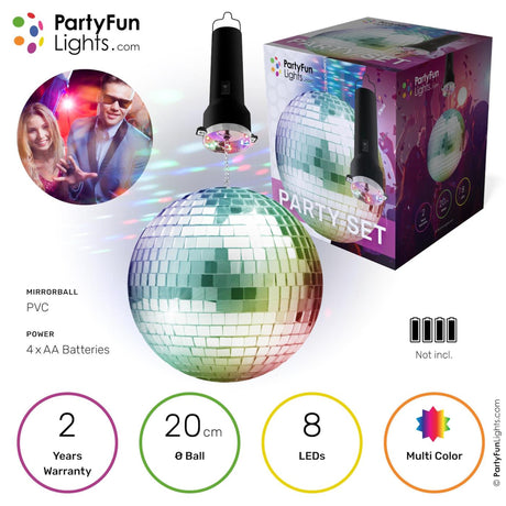 Partyfun lights partyfunlights - roterende spiegelbol partyset met multi-color led - inclusief motor - 20cm spiegelbol - 8 lichtpunten