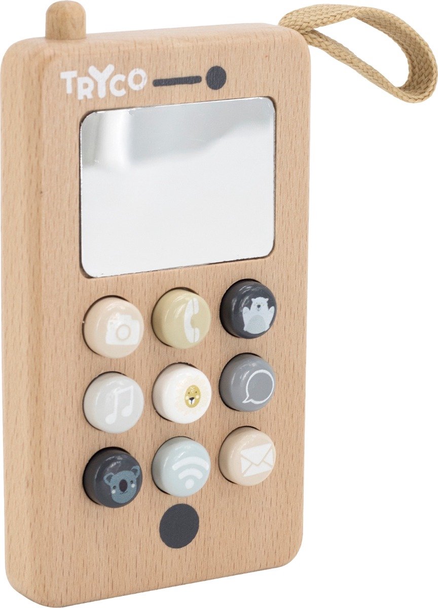 Tryco wooden telephone - houten speelgoedtelefoon - drukknoppen spiegel en koord - stimuleert motoriek en fantasierijk spel - vanaf 12 maanden