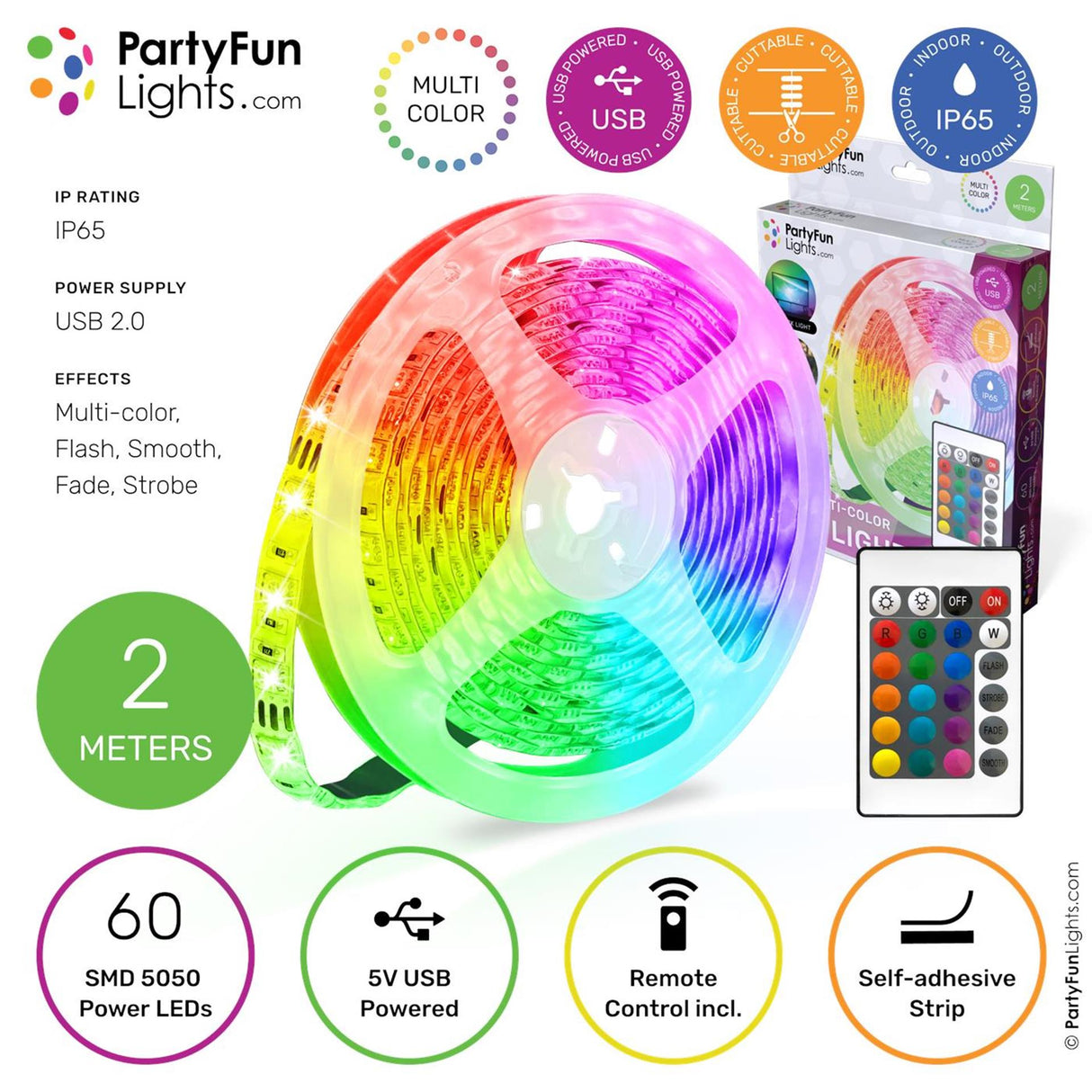Partyfun lights partyfunlights - led strip - multi-color rgb - werkt op usb - 2 meter