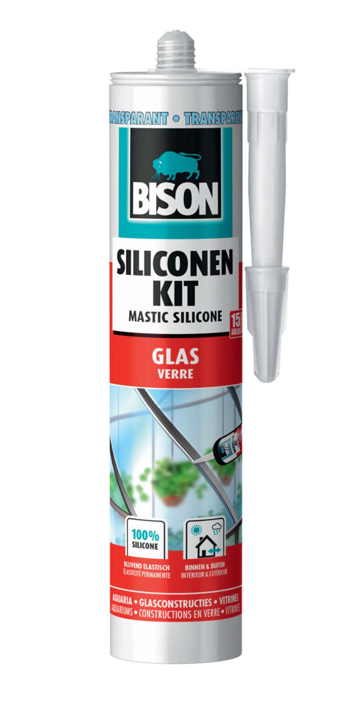 Bison siliconenkit glas koker 300 ml - transparant, blijvend elastisch, uitstekende hechting, kleurvast, vooer toepassingen met glas, auquaria, vitrinebouw