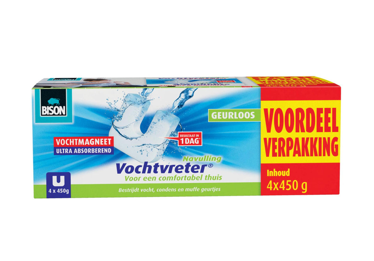 Bison vochtvreter® magneet 450g 3+1 gratis - parfumvrije navulling voor vochtvreter® apparaat, 4x 450 g, bestrijd hoge luchtvochtigheid in woonruimtes, ook geschikt voor caravans en campers