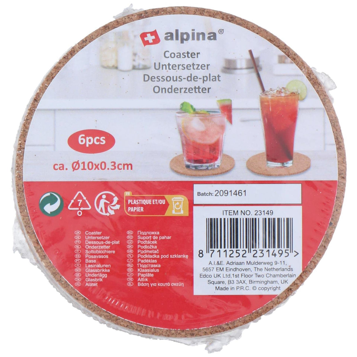 Alpina onderzetters kurk 6 stuks ø10cm vierkant of rond