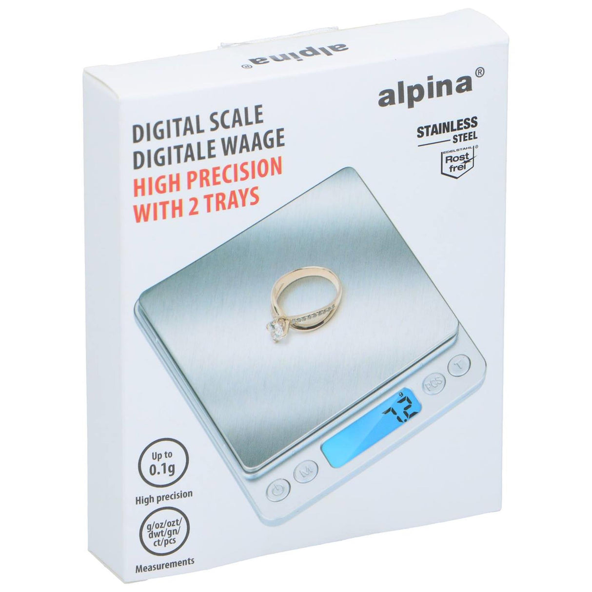 Alpina precisieweegschaal digitaal 0,1-3kg 10,7x13cm met 2 bakjes