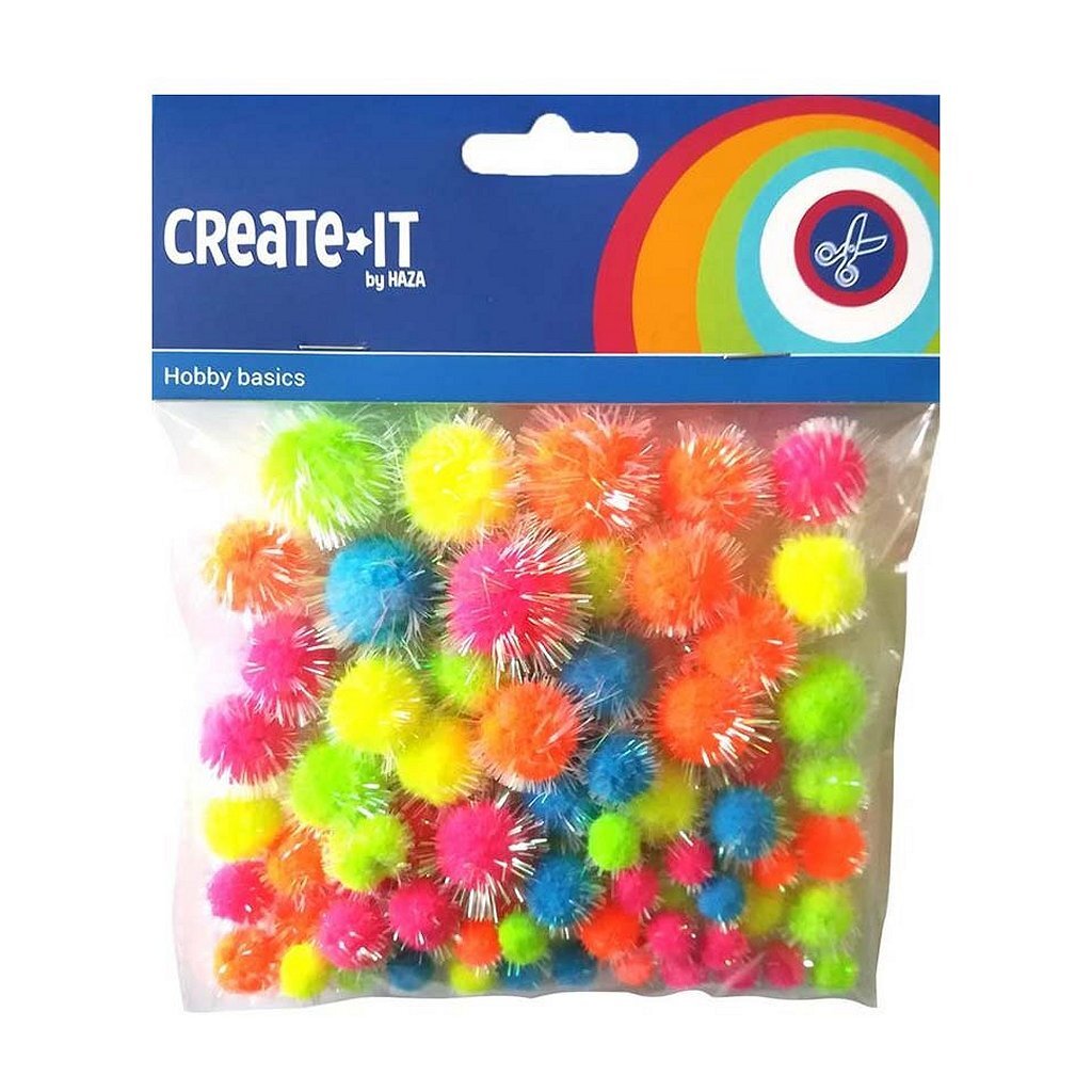 Haza witbaard glitter pompoms neon, 75st.