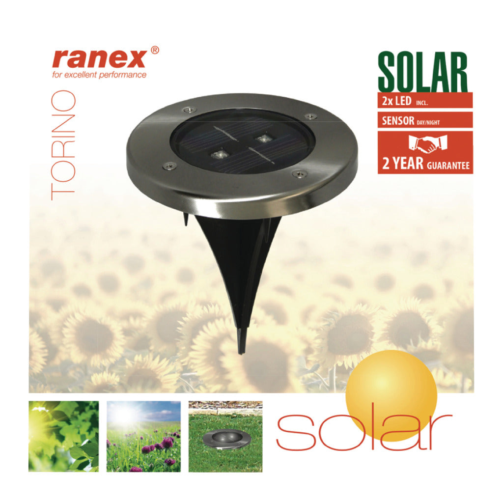 Ranex ra-5000389 ronde led solar grondspot geborsteld rvs glas