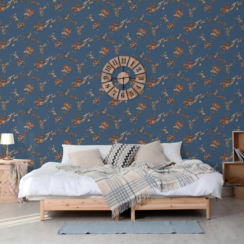 DUTCH WALLCOVERINGS DUTCH WALLCOVERINGS Behang Flower donkerblauw en bronskleurig