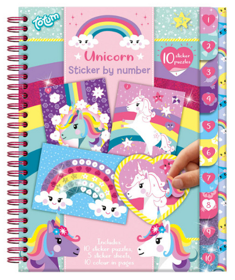 Totum unicorn stickerpuzzel - doeboek - stickeren op nummer - 10 puzzels, 5 stickervellen en 10 kleurplaten - speelgoed kinderen - knutselen - voor meisjes - ook voor kleuters - vanaf 3 jaar