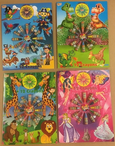 Kleurboek+wasco krijtjes. 4 ass 12 stuks