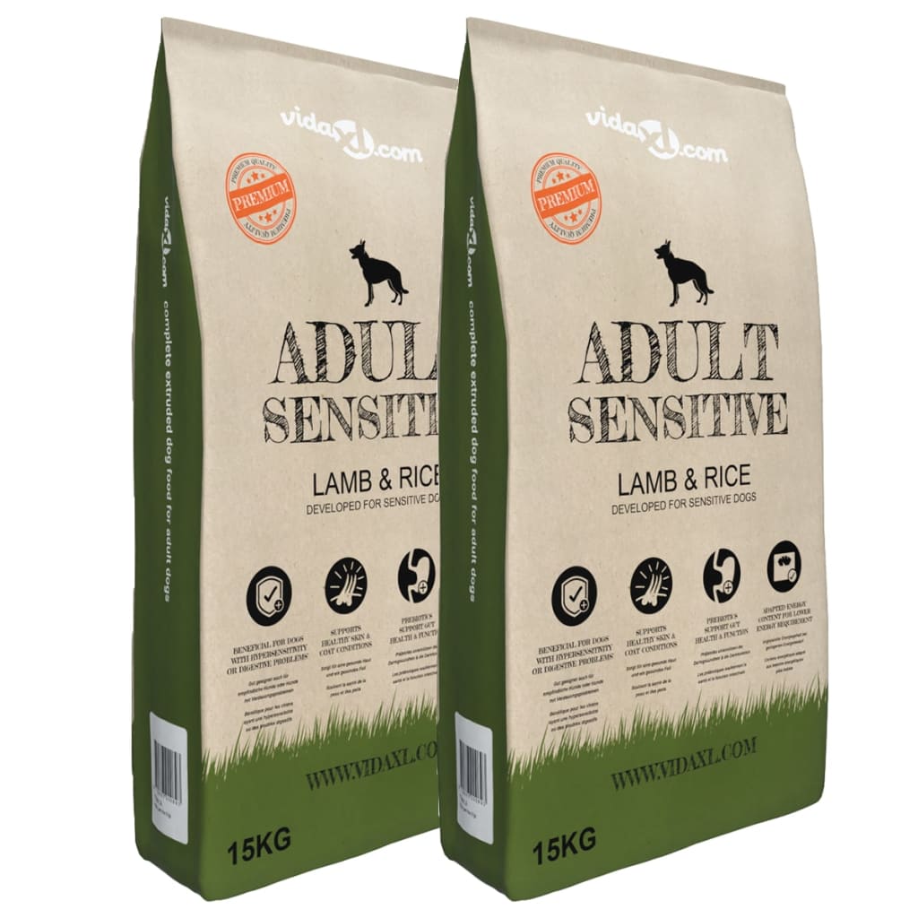 VidaXL Premium hondenvoer droog Adult Sensitive Lamb Rice 30kg 2 st