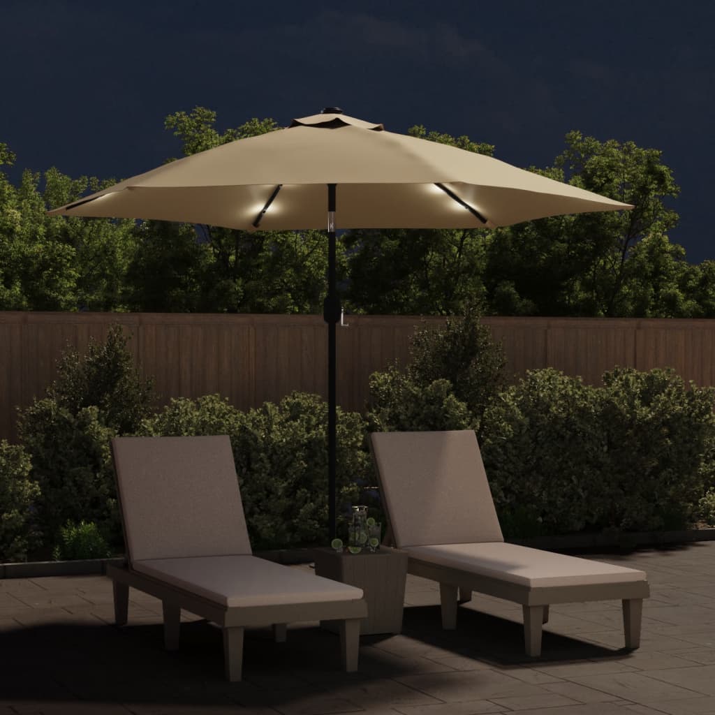 Vidaxl parasol met led-verlichting en stalen paal 300 cm taupe