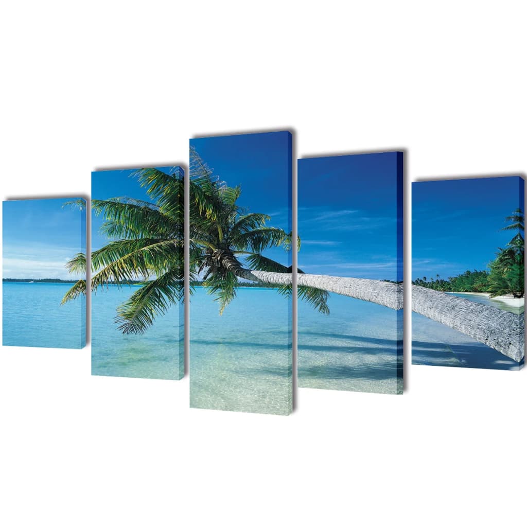 Vidaxl canvas muurdruk set zandstrand met palmboom 200 x 100 cm