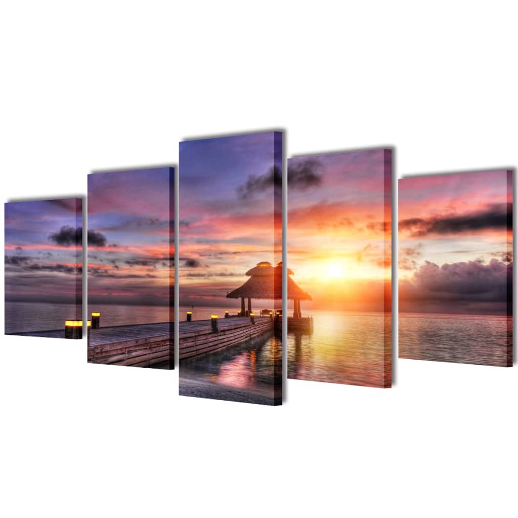 Vidaxl canvas muurdruk set zandstrand met paviljoen 200 x 100 cm