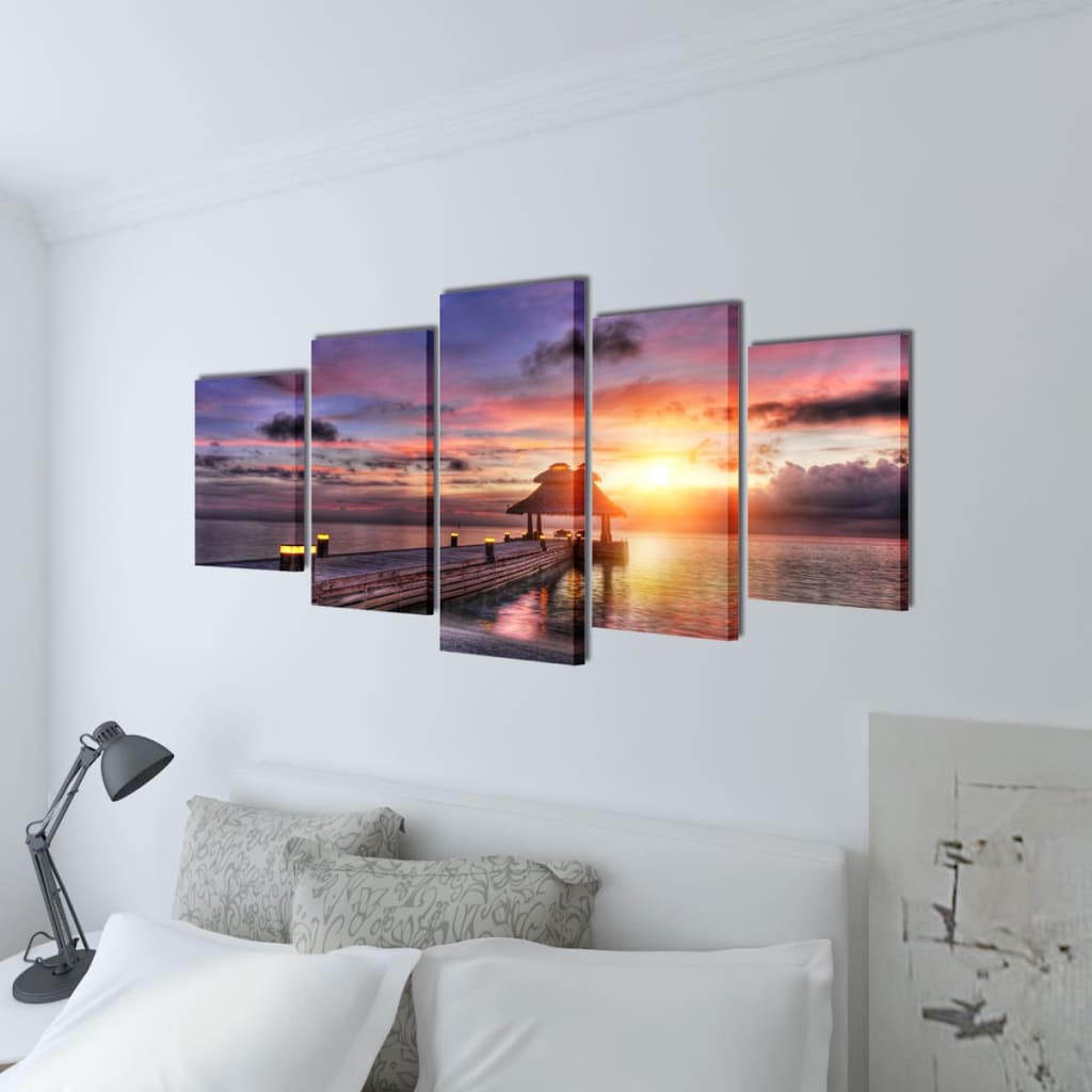 Vidaxl canvas muurdruk set zandstrand met paviljoen 200 x 100 cm