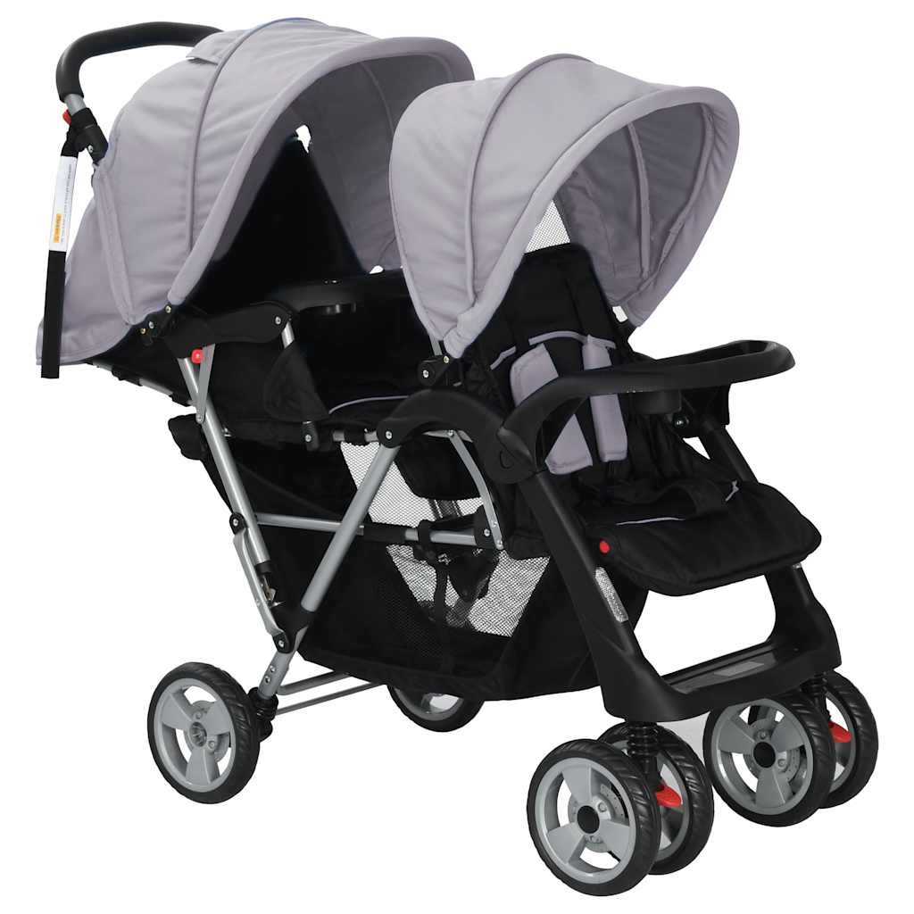 Vidaxl kinderwagen dubbel staal grijs en zwart