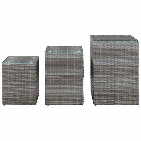 Vidaxl 3-delige bijzettafelset met glazen blad poly rattan grijs