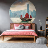 WallArt WallArt Behangcirkel Skyline with Junk Boat 190 cm