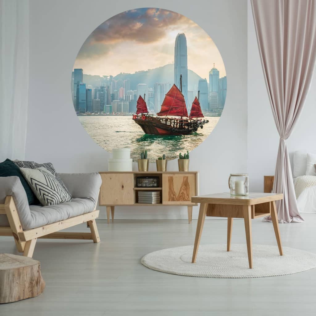 WallArt WallArt Behangcirkel Skyline with Junk Boat 142,5 cm