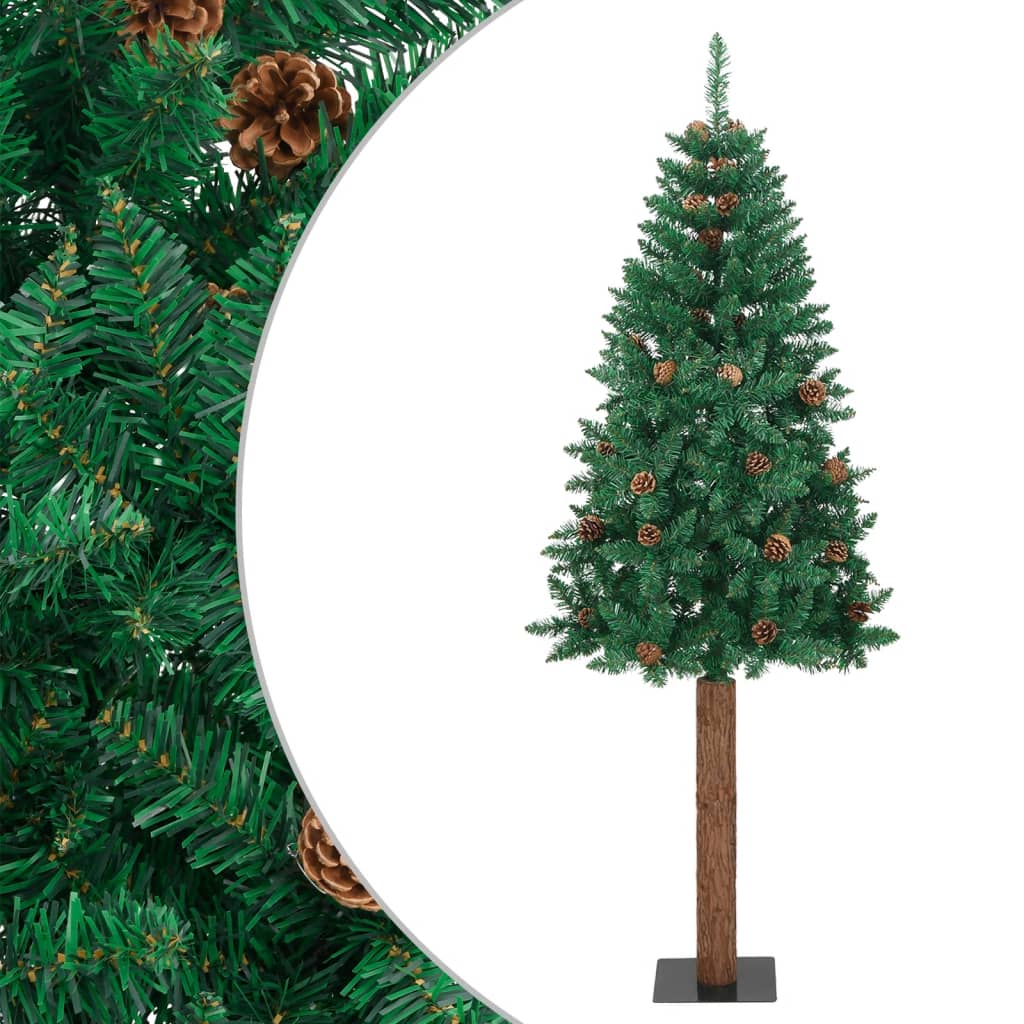 VidaXL Kerstboom met echt hout en dennenappels smal 150 cm PVC groen