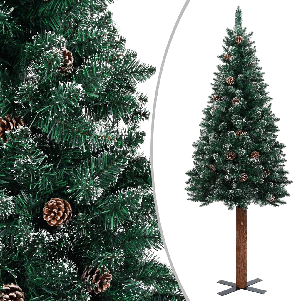 VidaXL Kerstboom met echt hout en sneeuw smal 150 cm groen