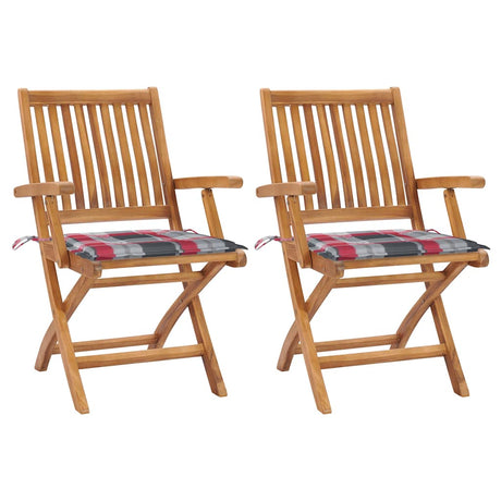 Vidaxl tuinstoelen 2 st met rood geruite kussens massief teakhout