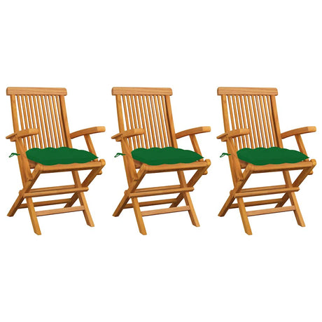 Vidaxl tuinstoelen 3 st met groene kussens massief teakhout