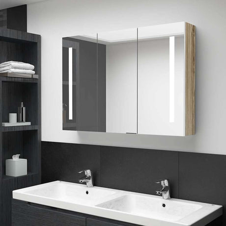 Vidaxl badkamerkast met spiegel en led 89x14x62 cm wit en eikenkleurig