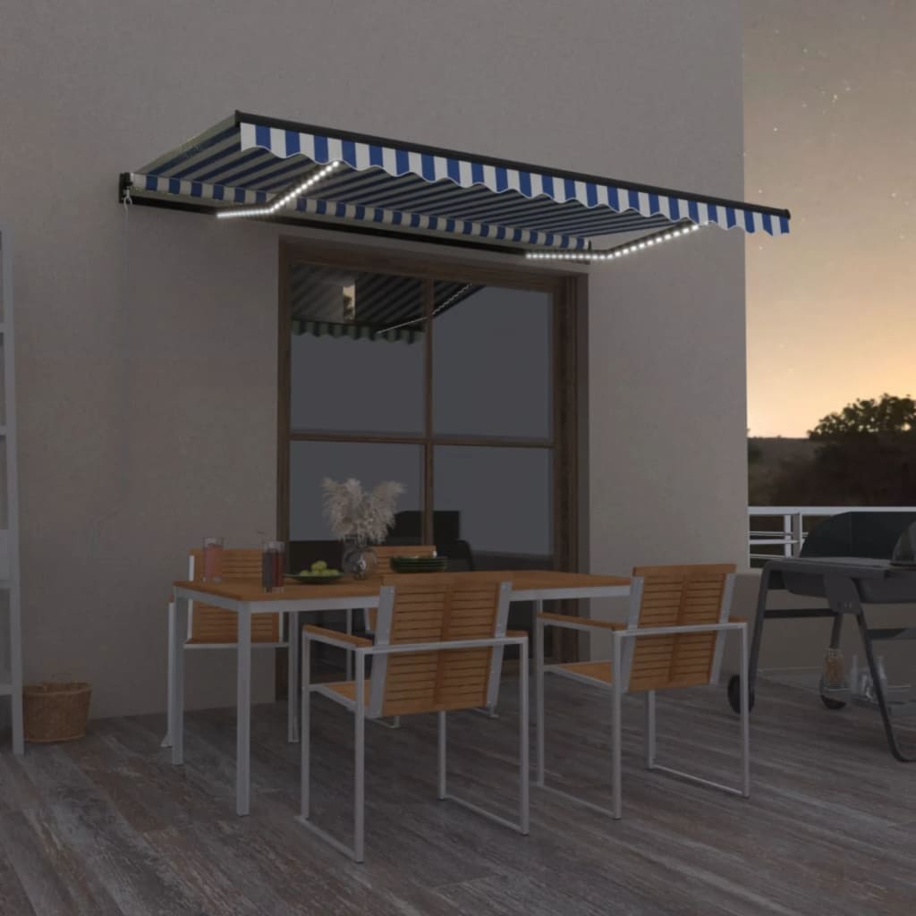 VidaXL Luifel handmatig uittrekbaar met LED 450x300 cm blauw en wit