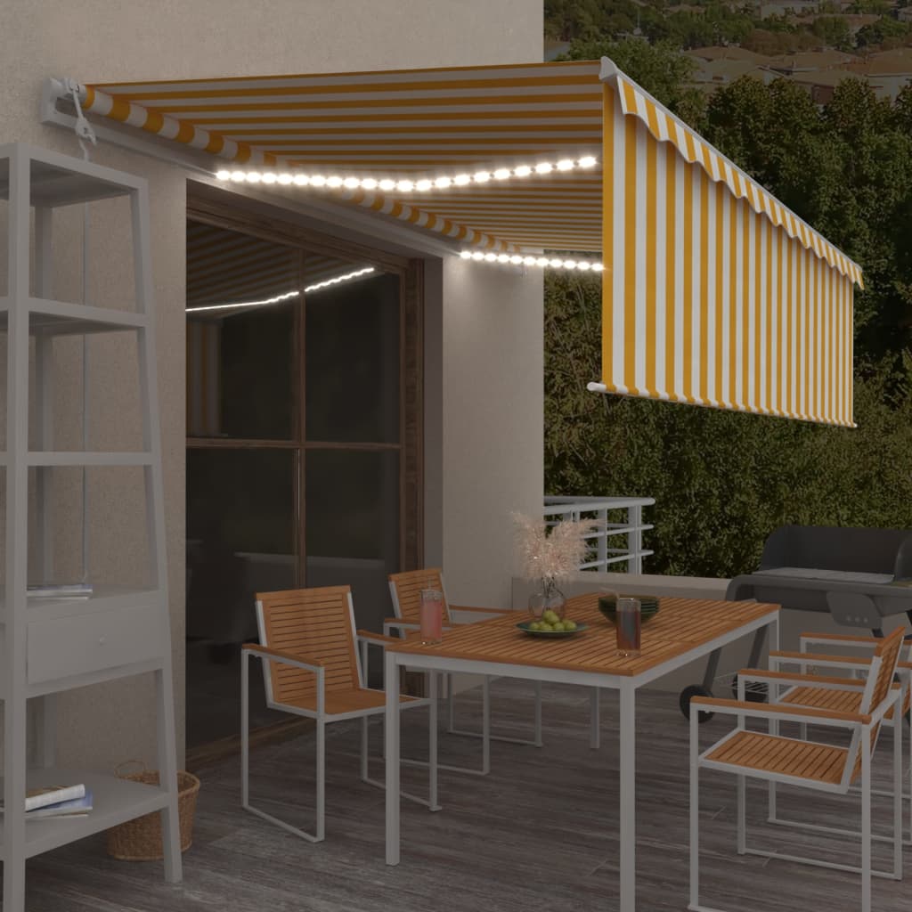 VidaXL Luifel automatisch rolgordijn LED windsensor 5x3 m geel en wit