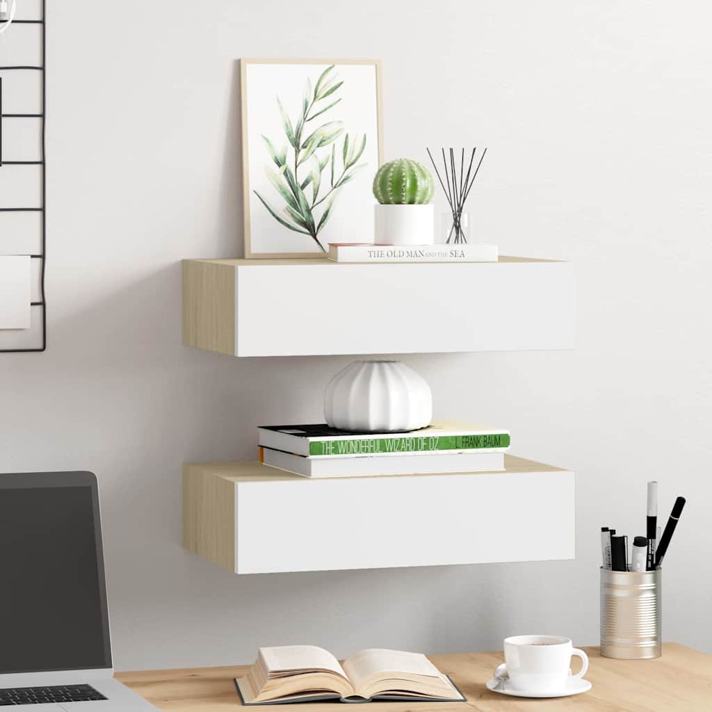 Vidaxl wandschappen 2 st met lade 40x23,5x10 cm mdf eikenkleur en wit