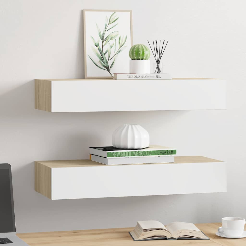Vidaxl wandladeplanken 2 st eiken en wit 60x23,5x10cm mdf