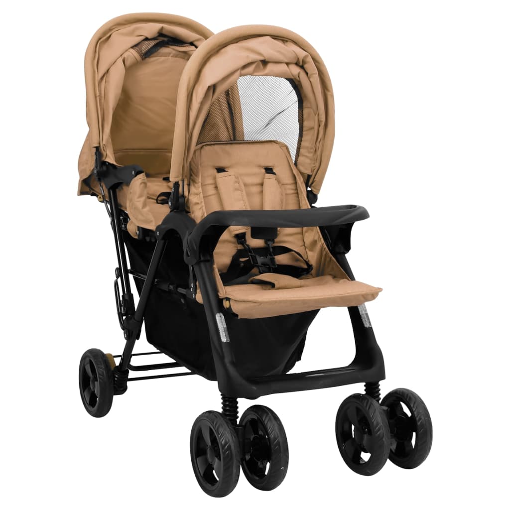 VidaXL Tweelingkinderwagen tandem staal taupe